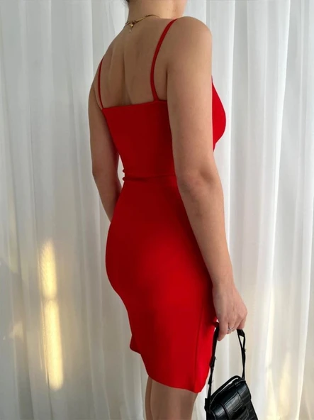 Kadın İp Askılı Yırtmaçlı Büzgülü Elbise - Resim 4