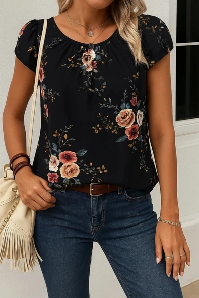 Kadın Kısa Kollu Bisiklet Yaka çiçek Baskılı Süprem Bluz ürün görseli