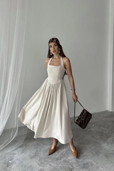 Bej Boyundan Bağlamalı Keten Elbise - Resim 2