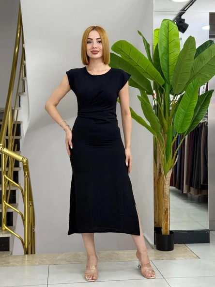 Kadın Kısa Kollu Yuvarlak Yaka Belden Bağcıklı önden Yırtmaçlı Aerobin Elbise - Resim 3