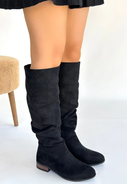 Pabucmarketi Siyah Süet Körüklü Kadın Topuklu Çizme