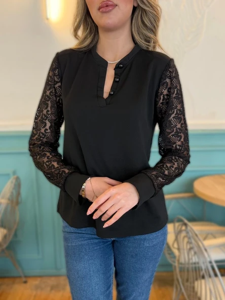 Kadın Uzun Kollu Kolları Dantelli Hakim Yaka Krep Bluz - Resim 2
