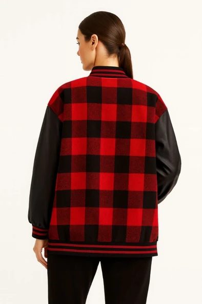 Kolları Suni Deri Içi Astarlı Oduncu Kolej Içi Ceket - Bordo - 2