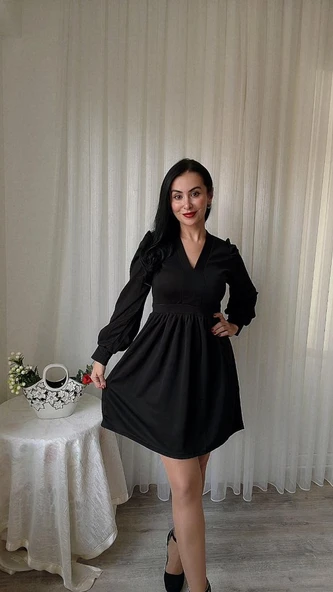 Kadın Uzun Kollu V Yaka Belden Hafif Pileli Scuba Krep Mini Boy Elbise - Resim 3