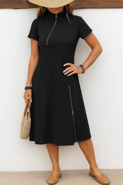 Kadın Kısa Kollu Yakadan Ve Etekten Fermuarlı Midi Viskon Iki Iplik Elbise ürün görseli