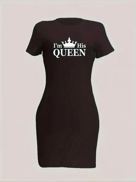 Kadın Kısa Kollu Queen Baskı Iki Iplik Mini Elbise - Resim 2