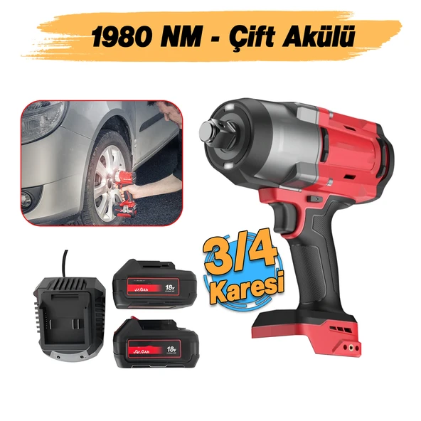Şarjlı Çift Akülü Darbeli Somun Sıkma 3/4 Sökme Tabanca 1980 Nm Tork Teker Bijon 2300 BPM 18 Volt - Resim 2