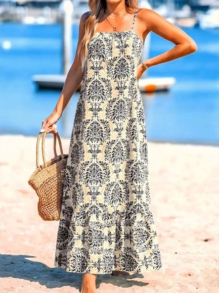 Kadın Ip Askılı Desenli Fırfırlı Süprem Elbise - Resim 3