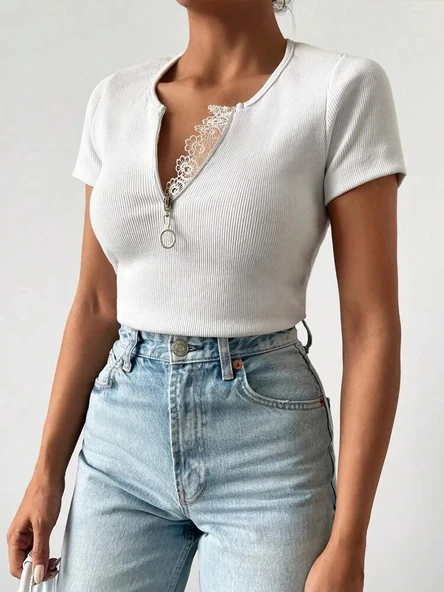 Kadın Beyaz Yaka Dantel Ve Fermuarlı Kaşkorse Bluz - Resim 2