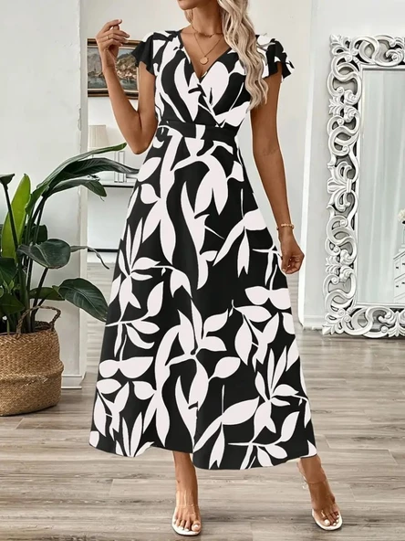 Kadın Kısa Kelebek Kollu Kruvaze Yaka Desenli Süprem Elbise ürün görseli