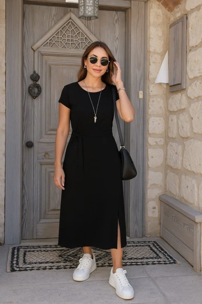 Kadın Kısa Kollu Yuvarlak Yaka Belden Bağcıklı önden Yırtmaçlı Aerobin Elbise - Resim 4