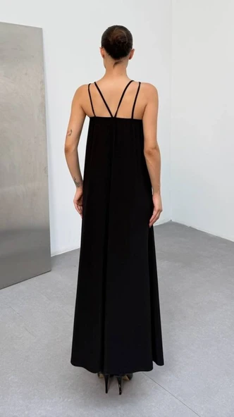 Kadın Omuz Askılı Kuş Gözü Zincir Detay Sandy Kumaş Maxi Boy Elbise - Resim 7