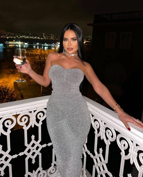 Straplez Simli Uzun Elbise - Resim 2