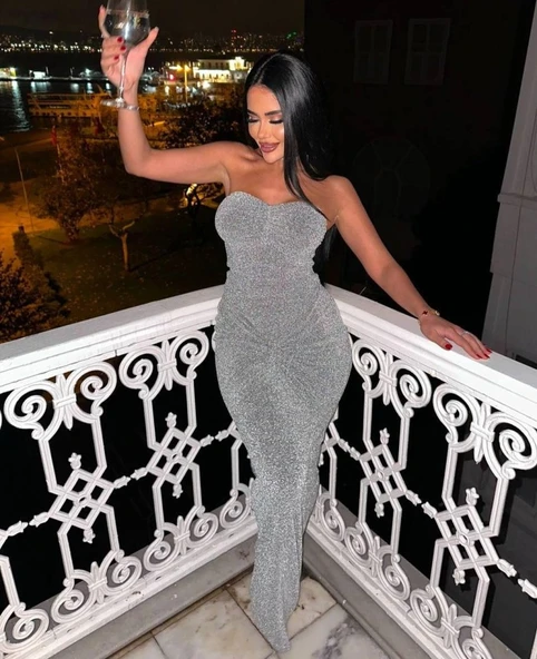 Straplez Simli Uzun Elbise ürün görseli