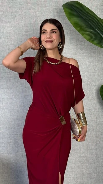 Kadın Kısa Kollu Tek Omuzdan Açık Beli Lastikli Sandy Maxi Elbise - Resim 3