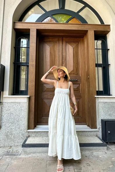 Ekru Askılı Parçalı Müslin Elbise ürün görseli