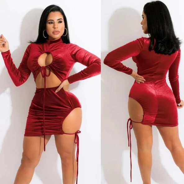 Kadın Uzun Kollu Full Dekolte Detay Kadife Kumaş Elbise ürün görseli