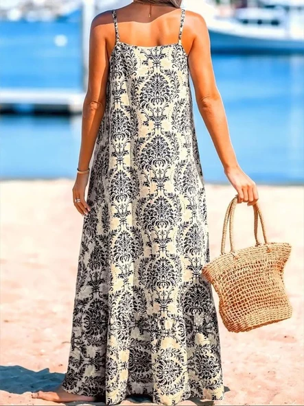 Kadın Ip Askılı Desenli Fırfırlı Süprem Elbise - Resim 4