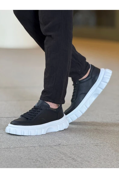 Pabucmarketi Bağcıklı Erkek Casual Ayakkabı Siyah (Beyaz Taban) - Resim 2