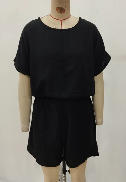 Kadın Kısa Kollu Yuvarlak Yakalı Ithal Keten Bluz Ve Short Ikili Takım - Resim 4