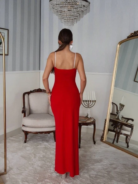 Kadın Omuz Askılı Derin Yırtmaç Detay Maxi Boy Elbise - Resim 7