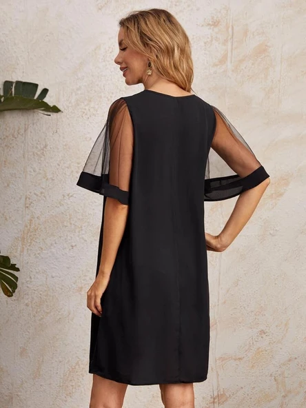 Kadın Tüllü Kısa Kollu V Yaka Krep Elbise - Resim 4