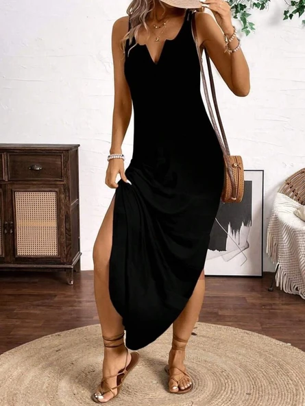 Kadın Askılı Yuvarlak Yaka Asimetrik Detaylı Viskon Elbise - Resim 3