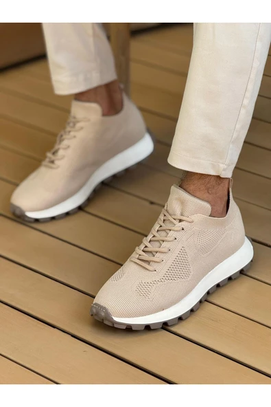 Pabucmarketi Bağcıklı Triko Erkek Sneaker Ayakkabı Bej ürün görseli