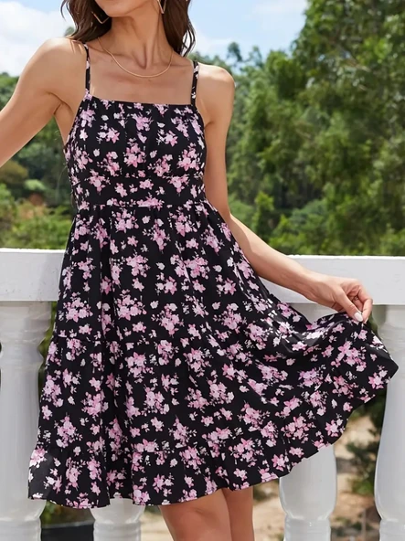 Kadın Askılı çiçek Desenli Süprem Mini Elbise - Resim 3