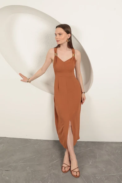 Toka Detaylı Askılı Elbise-Kahve - Resim 2