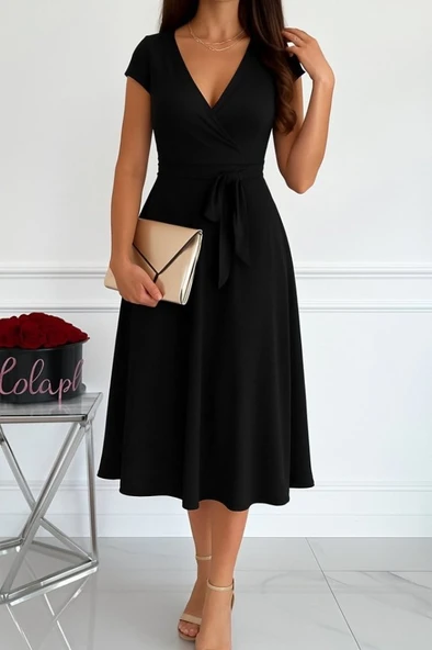 Kadın Kısa Kollu V Yakalı Belden Kuşaklı Maksi Boy Viskon Elbise ürün görseli