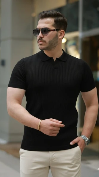 Erkek Kısa Kollu Yakalı çizgi Desenli Triko Bluz ürün görseli