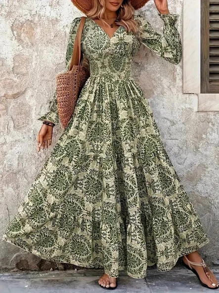 Kadın Uzun Kollu V Yakalı Desenli Süprem Elbise - Resim 3