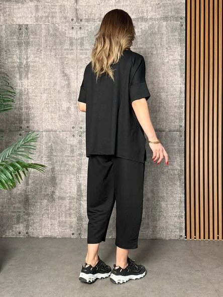 Kadın Kısa Kollu Bisiklet Yaka Viskon Iki Iplik Bluz Ve Pantolon Ikili Takım - Resim 2
