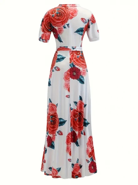 Kadın Kısa Kollu Pencere Detay Gül Baskılı Tam Boy Kiloş Elbise - Resim 5