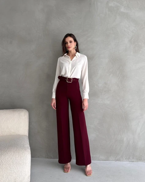 Kadın Yüksek Bel Krep Kumaş Full Likralı Ispanyol Paça Kemer Dahil Pantolon - Resim 5