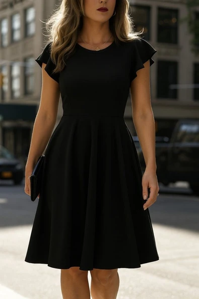 Kadın Kelebek Kollu Bisiklet Yakalı Pileli Ithal Krep Elbise ürün görseli