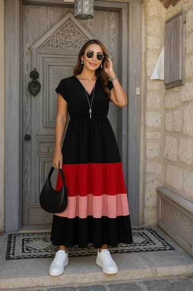 Kadın Kısa Kollu Kruvaze Yakalı çok Renkli Aerobin Elbise ürün görseli