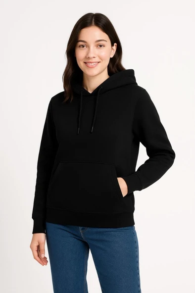 Üç İplik Kapüşonlu Kanguru Çepli SweatShirt Hoodie - Siyah - Resim 4