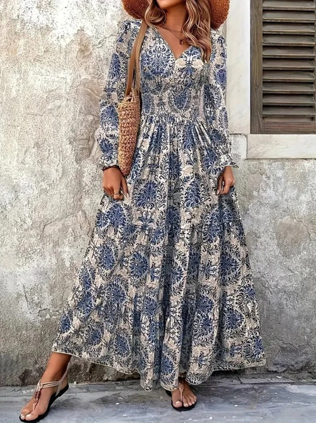 Kadın Uzun Kollu V Yakalı Desenli Süprem Elbise - Resim 2