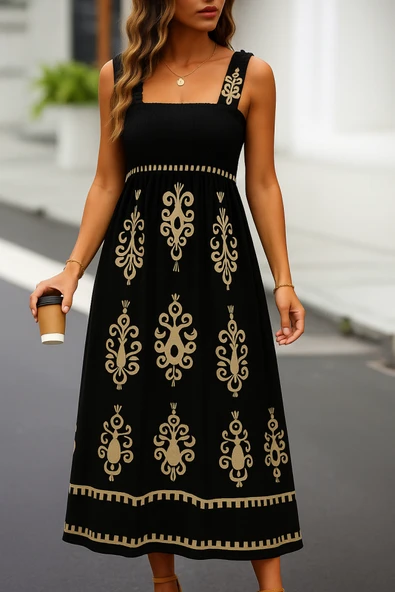 Kadın Askılı Kare Yaka Gipe Detaylı Desenli Suprem Elbise ürün görseli