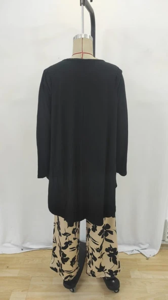 Kadın Uzun Kollu Bisiklet Yaka Asimetrik Kesim Detaylı Viskon Bluz Ve çiçek Desenli Iki Iplik Pantolon - Resim 7