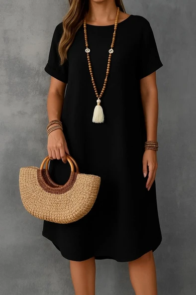 Kadın Kısa Kollu Kayık Yaka Bürümcük Elbise ürün görseli