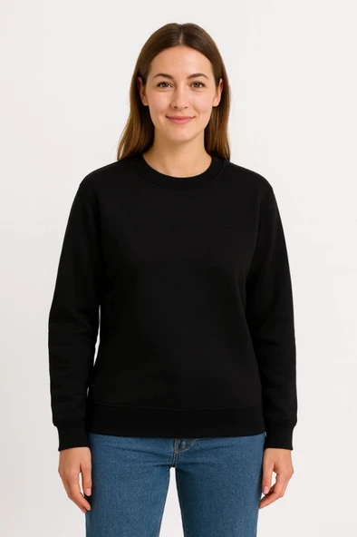 Üç İplik Düz Bisiklet Yaka SweatShirt  - Siyah - Resim 3