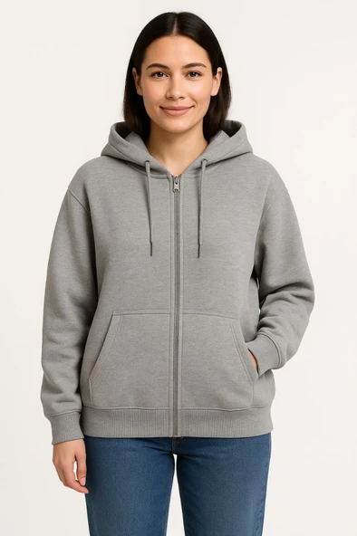 Üç İplik Kapüşonlu Tam Fermuarlı Kanguru Çepli SweatShirt Hoodie - Gri ürün görseli