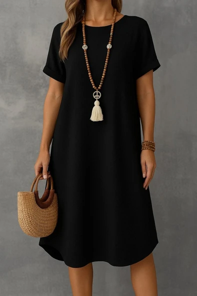 Kadın Kısa Kollu Kayık Yaka Bürümcük Elbise - Resim 3