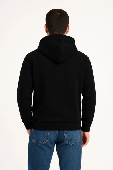 Erkek Üç İplik Kapüşonlu Kanguru Cepli SweatShirt Hoodie - Siyah - Resim 3