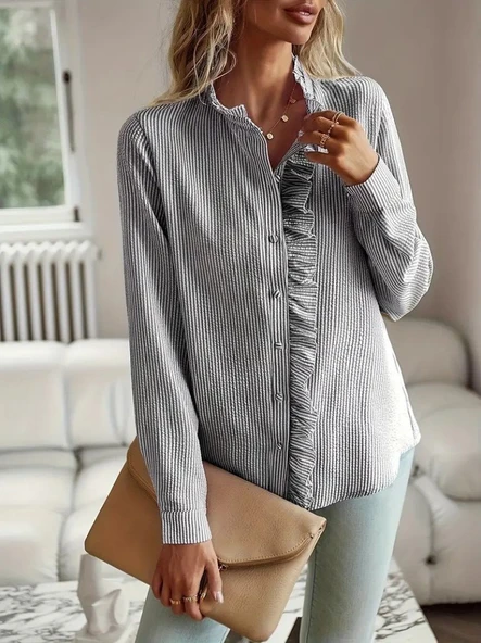 Kadın Uzun Kollu Fırfır Yakalı önden Düğmeli çizgili Burgu Gömlek - Resim 3