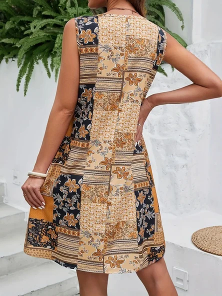 Kadın Sıfır Kol Yuvarlak Yaka çiçek Desenli Süprem Elbise - Resim 10