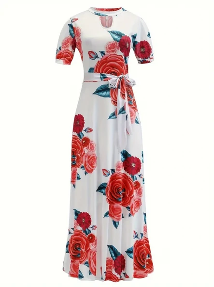 Kadın Kısa Kollu Pencere Detay Gül Baskılı Tam Boy Kiloş Elbise - Resim 4